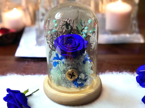Preserved flowers in glass dome